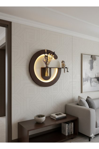 PRİMULA Dekoratif Duvar Rafı LED Işıklı Ahşap İskandinav Tarzı Modern Salon Duvar Rafı Çiçeklik 50 cm