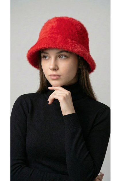 Women's Red Plush Bucket Hat - Winter Warm Soft Textured Furry Hat