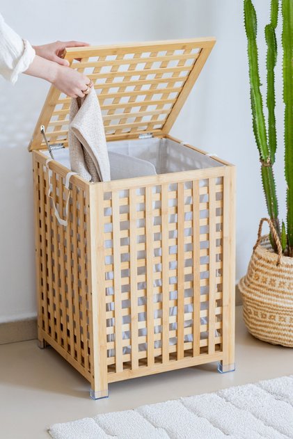 Bambu Bölmeli Çamaşır Sepeti 62x45 cm Kulplu Taşınabilir Bezli