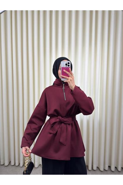 Women's Gathered Waist Zipper Detailed Belted Mock Neck Scuba Tunic