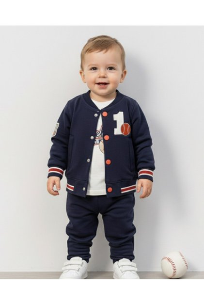 Baby Boy Transitional College Jacket, 3-Piece Stylish Baby Set with Top and Bottom L 6-9-12-18-24 Months