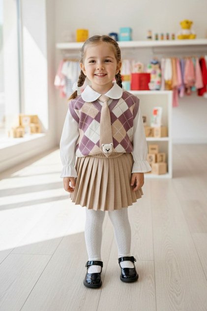 My Little Girl's Outfit Includes a Tie, a Diamond-Patterned Sweater, a Shirt, a Pleated Skirt - Purple.