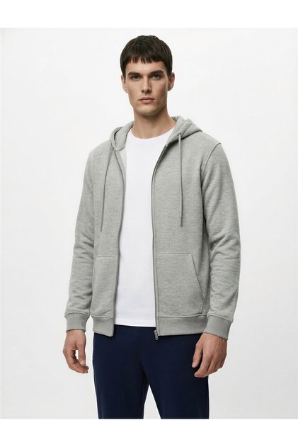 Şardonlu Regular Fit Kapüşonlu Fermuarlı Uzun Kollu Kanguru Cepli Sweatshirt