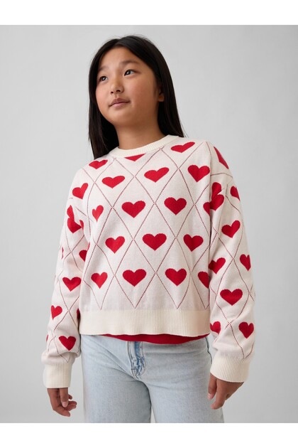 Kız Çocuk Kırık Beyaz Relaxed Grafik Baskılı Crewneck Kazak