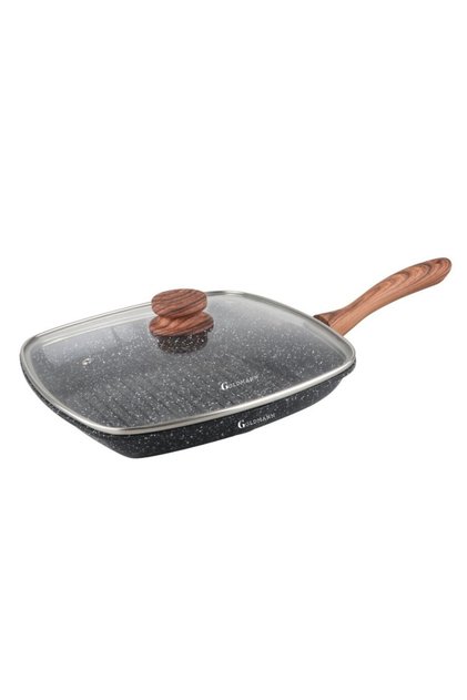 Tigaie grill din aluminiu turnat, 28 x 4,5 cm, capac rezistent la căldură, înveliș ceramic, mâner moale la atingere, Goldma