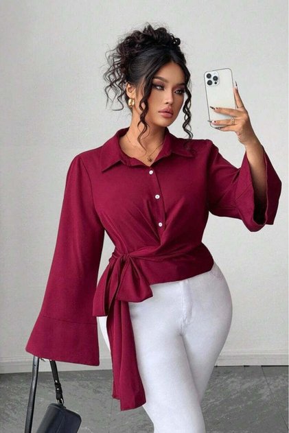 Bluză de damă - Elegantă, Mâneci evazat , Nod în față