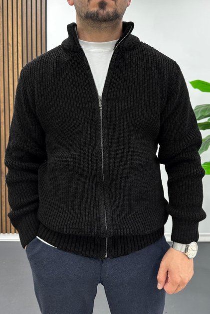 Men's Slim Fit Zippered Cardigan Black Edw434