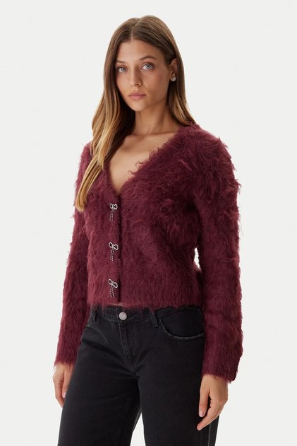 Women's Stone Buttoned V-Neck Feathered Knit Cardigan - Burgundy