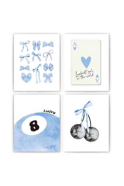 ALAYRA Light Blue Coquette Trendy Preppy Wall Art Prints Set of 4, Coquette Preppy Room Decor, Blue Bow Disco 8 Ball Cherry Wall Decor Posters for Girls Bedroom Dorm, Unframed20X25 CM