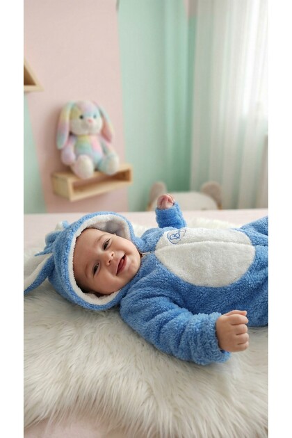 İsimli Peluş Erkek Bebek Tulumu 0-12 Ay – Kapüşonlu Tavşan Kulaklı Patikli