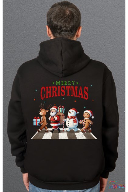 Christmas Crossing Santa Moose and Snowman Printed Sweatshirt Unisex Hooded Hoodie