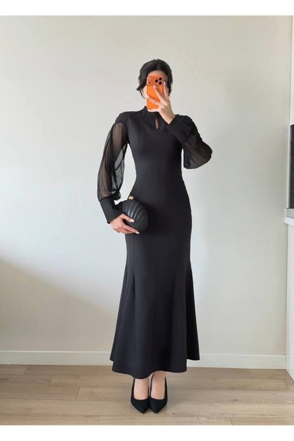 Women's Black Mock Neck Sheer Sleeve Ruffled Maxi Dress