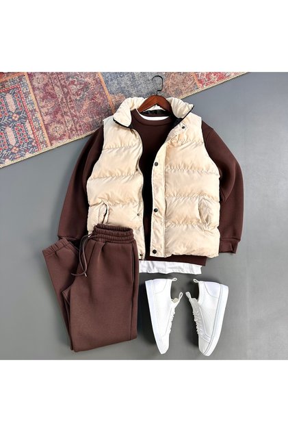 Puffer Vest and Oversized 3-Yarn Crew Neck Thick Fleece Bottom Top Set, 3-Piece Set