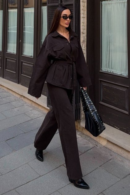 Women's Bitter Brown Tie-Up Shirt and Palazzo Pants Denim Suit with 5-Pocket Vs01637