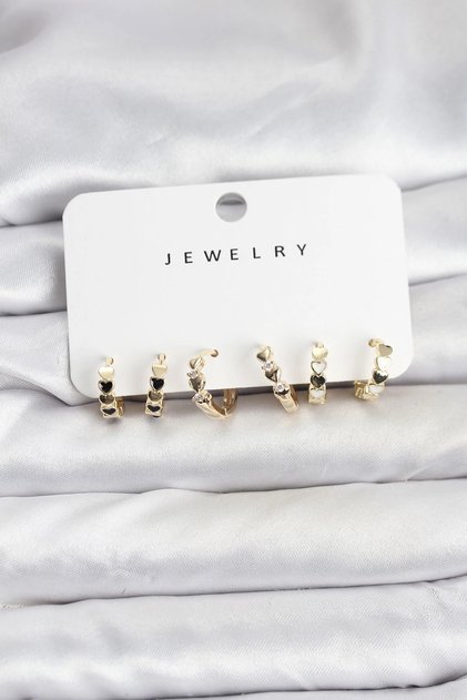 Gold Color Brass Minimal Heart Detailed Women's Earring Set