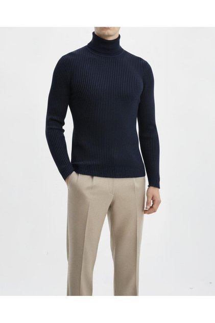 Italian Style S Slim Fit F Corded Fabric High-Neck Knitwear Male Sweater Navy Blue T10618