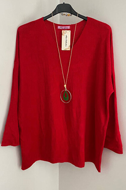Women's Italian V-Neck Oversized Casual Textured Knitwear Blouse Tunic with Necklace Accessories