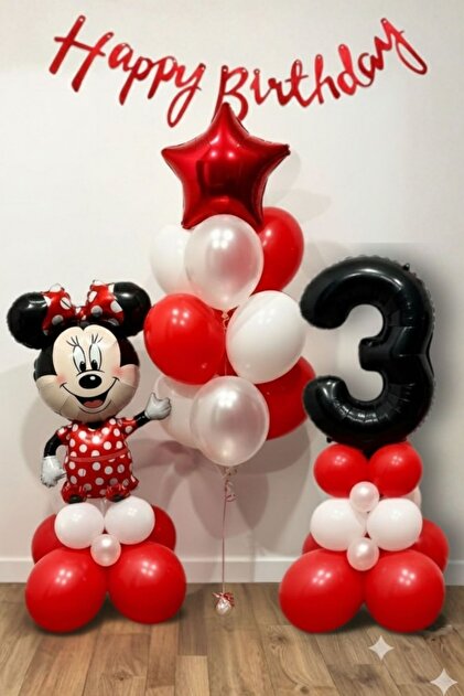 Minnie Mouse Temalı 3 Yaş İçin Siyah Rakamlı Balon Standı Seti Kırmızı Tema Mini Fare Balon Seti