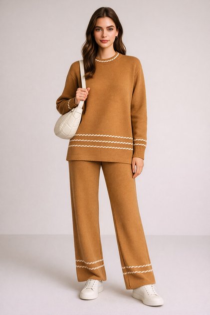 Zigzag Patterned Knitwear Pants Suit