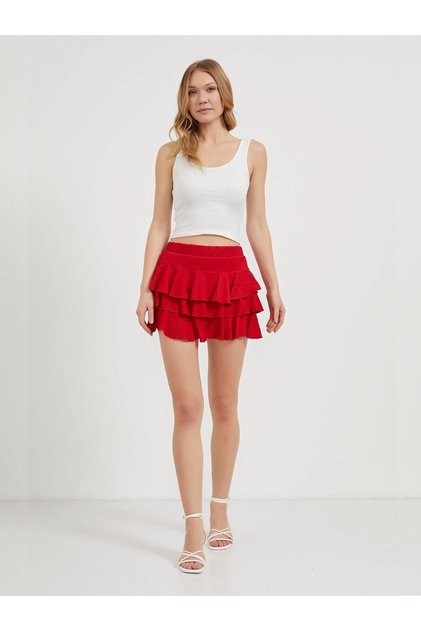 Flared Mini Skirt with Pleated Detail - Red