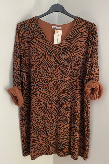Women's Italian V Cinnamon Collar Leopard Zebra Patterned Extra Long Blouse Tunic