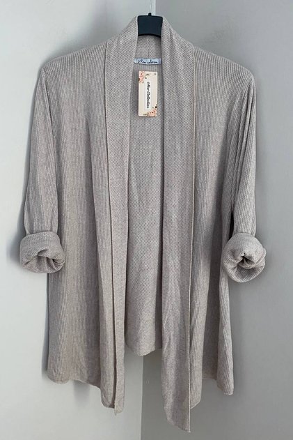 Women's Italian Beige Shawl Collar Sideless Slit Uncovered Loose Long Sleeve Textured Knitwear Cardigan Cap