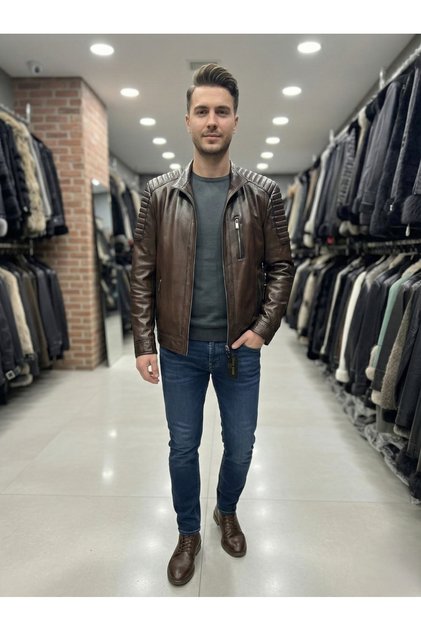 Erkek Kahverengi Hakiki Deri Slim Fit Fermuarlı Mont