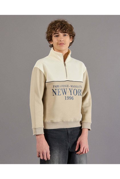 Senior Boys Beige Half Zipper Sweatshirt
