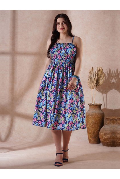 Floral Print Strappy Gathered Midi Fusion Dress