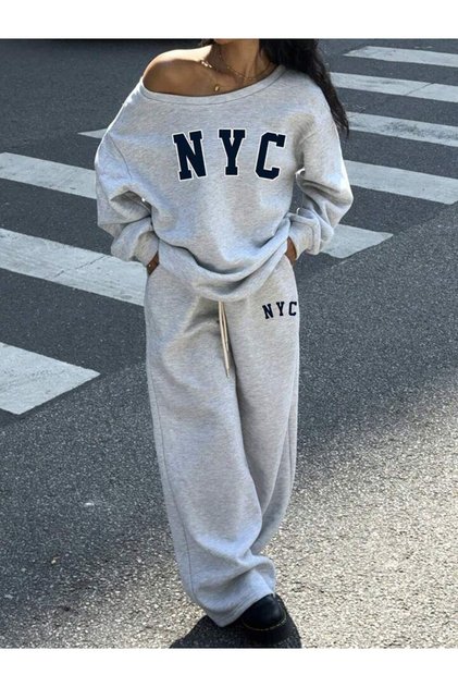 Women's Nyc Printed Boat Neck Sweatshirt Sweatpants Set