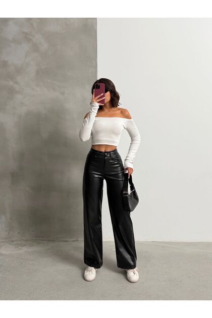 High Waist Loose Leg Leather Pants