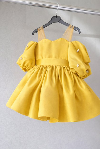 Special Design Yellow Tulle Strap Stone Detailed Balloon Sleeve Girl's Evening Dress