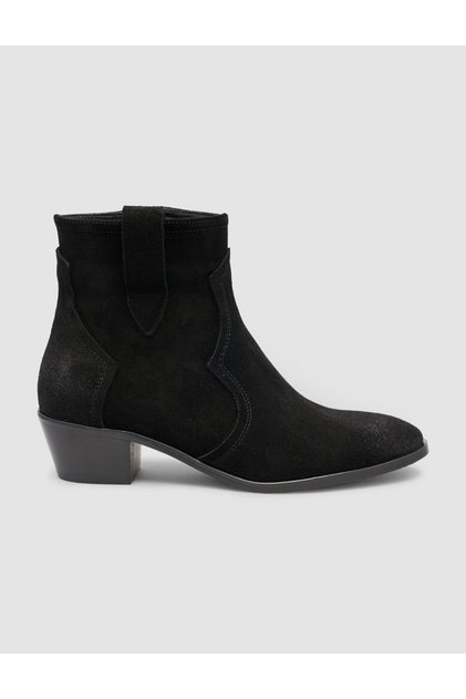 Suede Leather Black Zippered Heeled Women's Western Boots