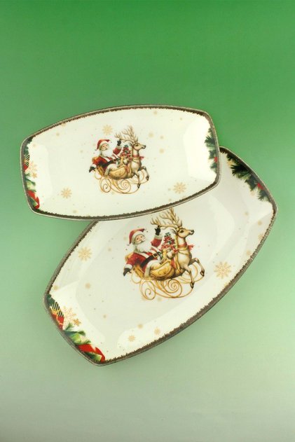 Retro Christmas Reindeer 2 Boy Porcelain Boat Plate