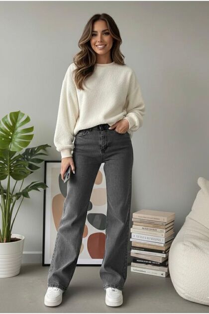 Eleni Women's Smoked Palazzo Jeans Loose Fit Anthracite Stretch Fabric Jeans