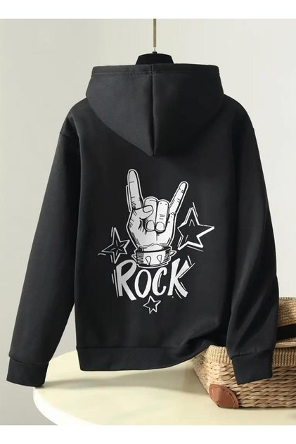 Rock Back Printed Zippered Hooded Fleece-Lined Sweatshirt Plain Cardigan