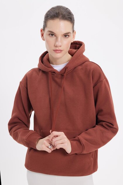 Women's Oversized Wide Cut Cotton Soft Textured Fleece Inside Basic Brown K Hooded Sweatshirt