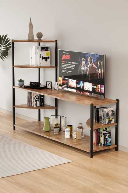 TV Ünitesi Ahşap Raflı 5 Katlı Televizyon Sehpası Dayanıklı Fonksiyonel TV Standı