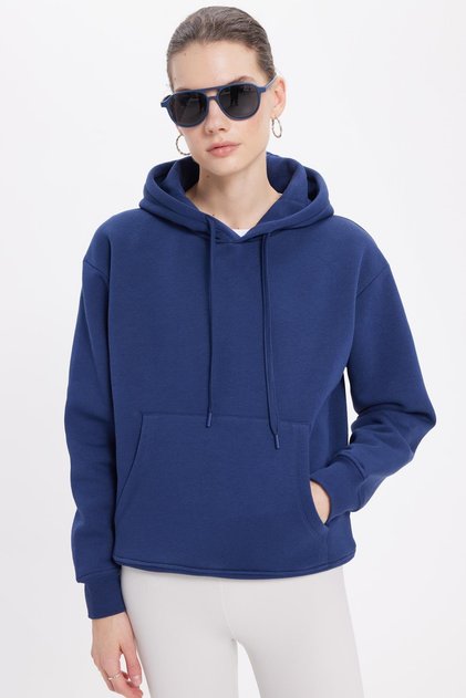 Women's Oversized Wide Cut Cotton Soft Textured Fleece Inside Basic Navy Blue K Hooded Sweatshirt