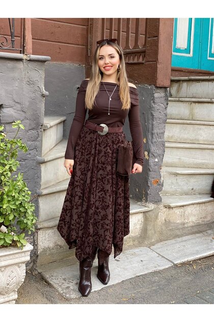 Women's Brown Embossed Velvet Patterned Lined Asymmetrical Cut Elastic Waist Chiffon Skirt