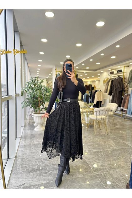 Women's Black Embossed Velvet Patterned Lined Asymmetrical Cut Elastic Waist Chiffon Skirt