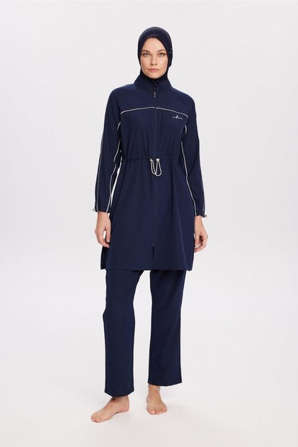 Cream Piped Navy Blue 6 Piece Full Hijab Swimsuit Set 5013
