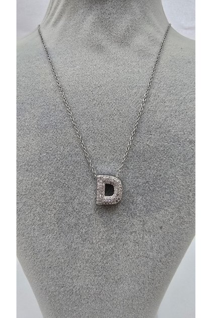 Stainless Steel Silver Color Zircon Stone Letter Necklace -D- Letter