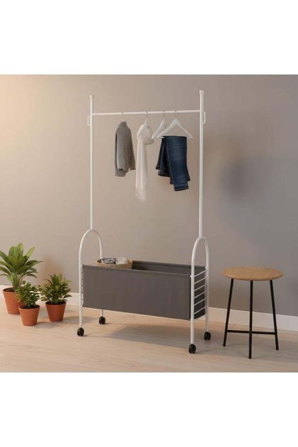 Metal Mobile Clothes Rack with Fabric Storage Basket – 80X189 cm – White