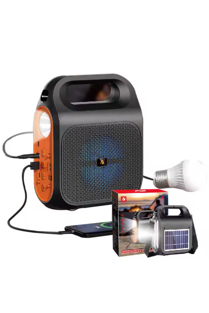 Boxă portabilă cu panou solar, felinar, bec și USB pentru încărcarea dispozitivelor