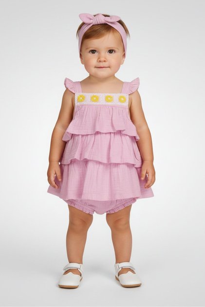 Toddlers Girl 3 Pieces Embroidered Tiered Dress And Panty With Headband Set, Lavender