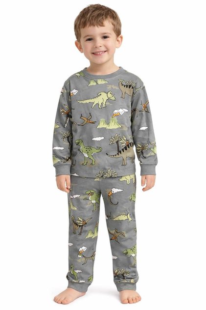 Dinosaur Patterned Gray Color Cotton Interlock Fabric Boys' Pajamas