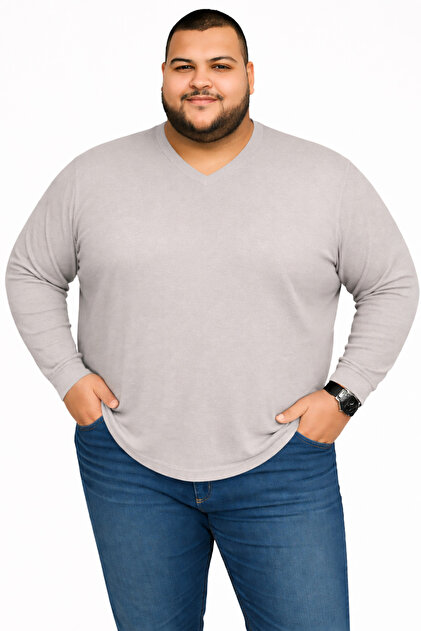 sngl Erkek Büyük Beden Oversize Uzun Kollu V Yaka T-shirt 3xl 4xl