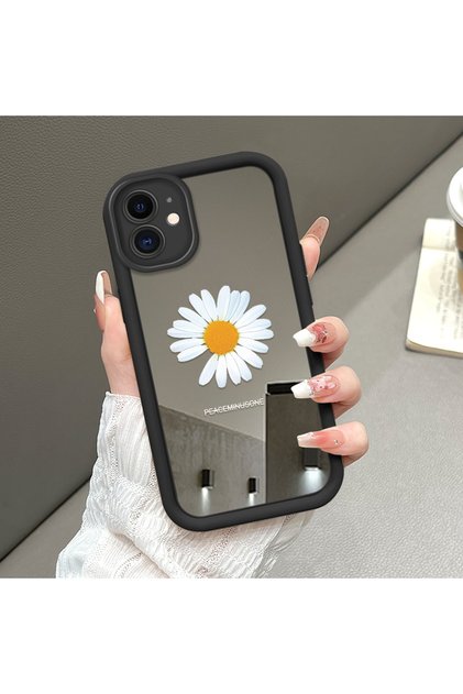 iPhone 11 Compatible Drop-Resistant Black Silicone Case Mirror-Faced Flower Patterns