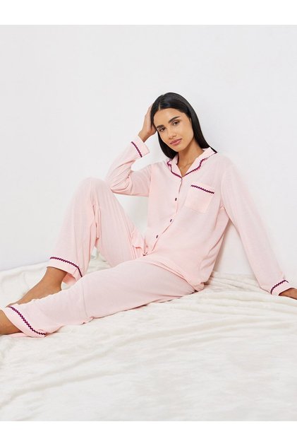 Rick Rack Trim Long Sleeve Shirt and Pyjama Set